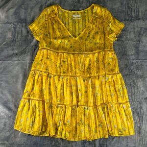 Urban Outfitters Women's S Yellow Floral Tiered Babydoll Dress Tunic Boho Eyelet